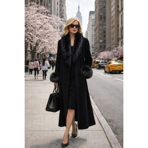 Blue Fox Fur Trim Wool Coat | Luxury Outerwear | Size 8  | Editorial